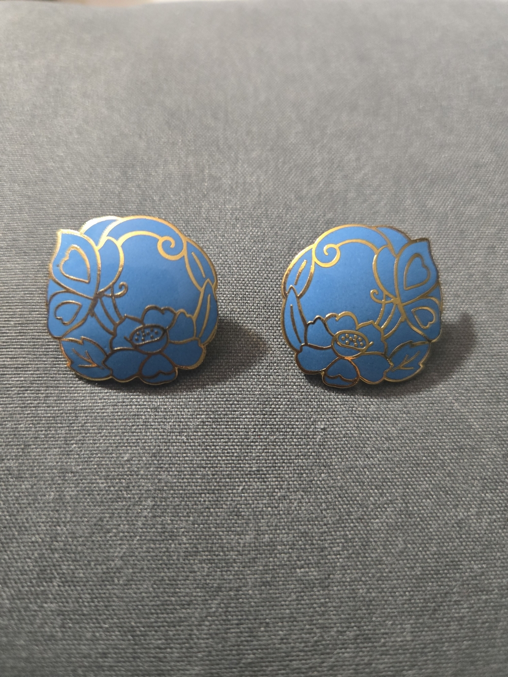 Vintage Cloisonné Style Floral Butterfly Enamel Jingtai Blue Earrings